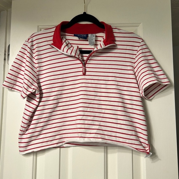 90’s Vintage Liz Claiborne Lizsport Cropped Red and White Striped Polo - Picture 1 of 6